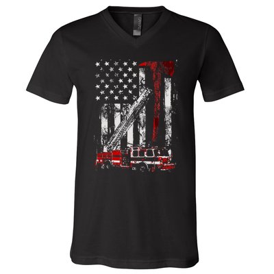 Fire Engine Truck Axe Thin Red Line Firetruck V-Neck T-Shirt