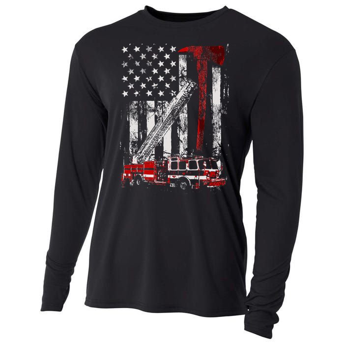 Fire Engine Truck Axe Thin Red Line Firetruck Cooling Performance Long Sleeve Crew