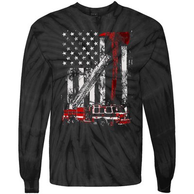 Fire Engine Truck Axe Thin Red Line Firetruck Tie-Dye Long Sleeve Shirt