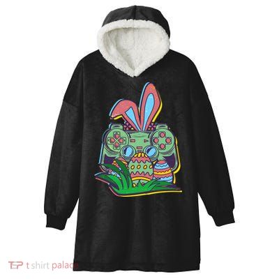 Funny Easter Time Gamer Bunny Ears Controller Easter Eggs Hooded Wearable Blanket