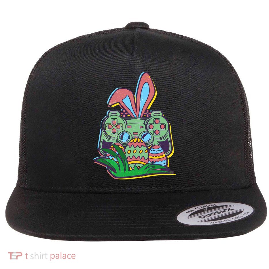 Funny Easter Time Gamer Bunny Ears Controller Easter Eggs Flat Bill Trucker Hat