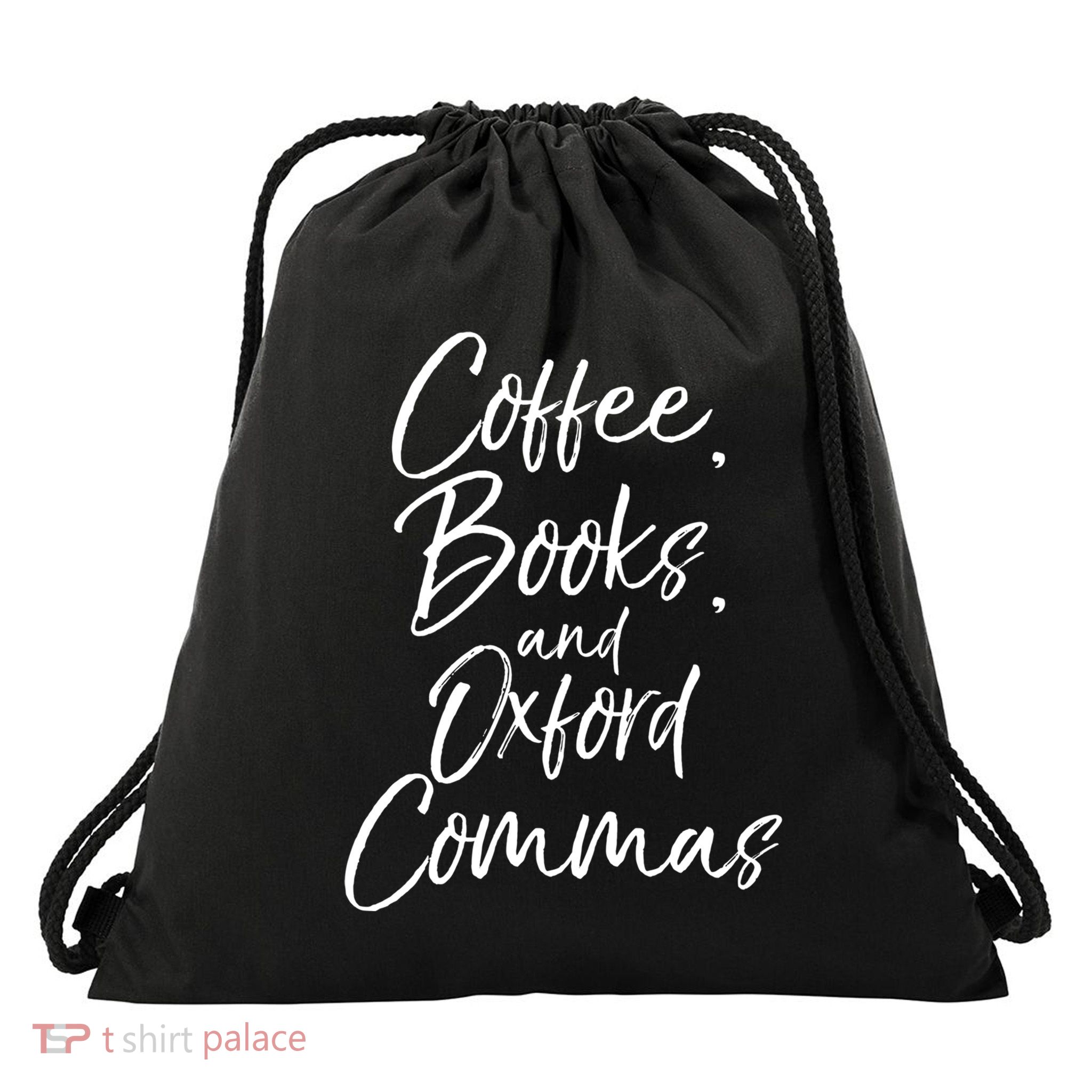 Funny English Teacher Gift Coffee Books And Oxford Commas Gift Drawstring Bag
