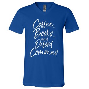 Funny English Teacher Gift Coffee Books And Oxford Commas Gift V-Neck T-Shirt