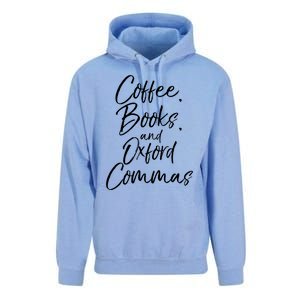 Funny English Teacher Gift Coffee Books And Oxford Commas Gift Unisex Surf Hoodie