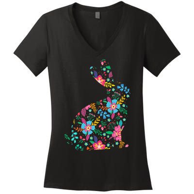 Floral Easter Women Easter Bunny Spring Flowers Rabbit Women's V-Neck T-Shirt