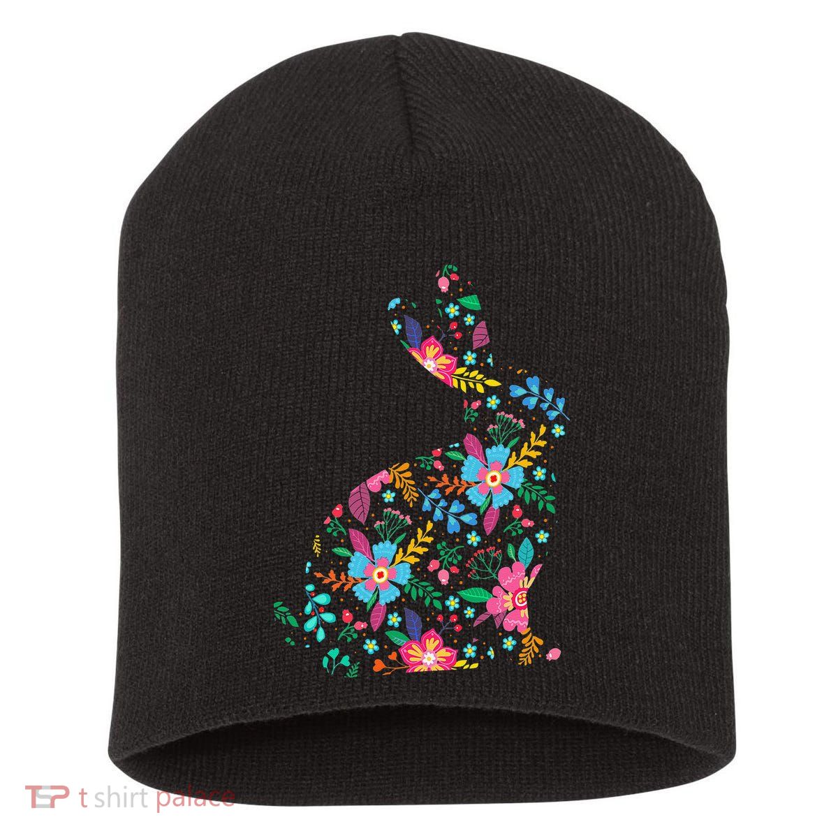 Floral Easter Women Easter Bunny Spring Flowers Rabbit Short Acrylic Beanie