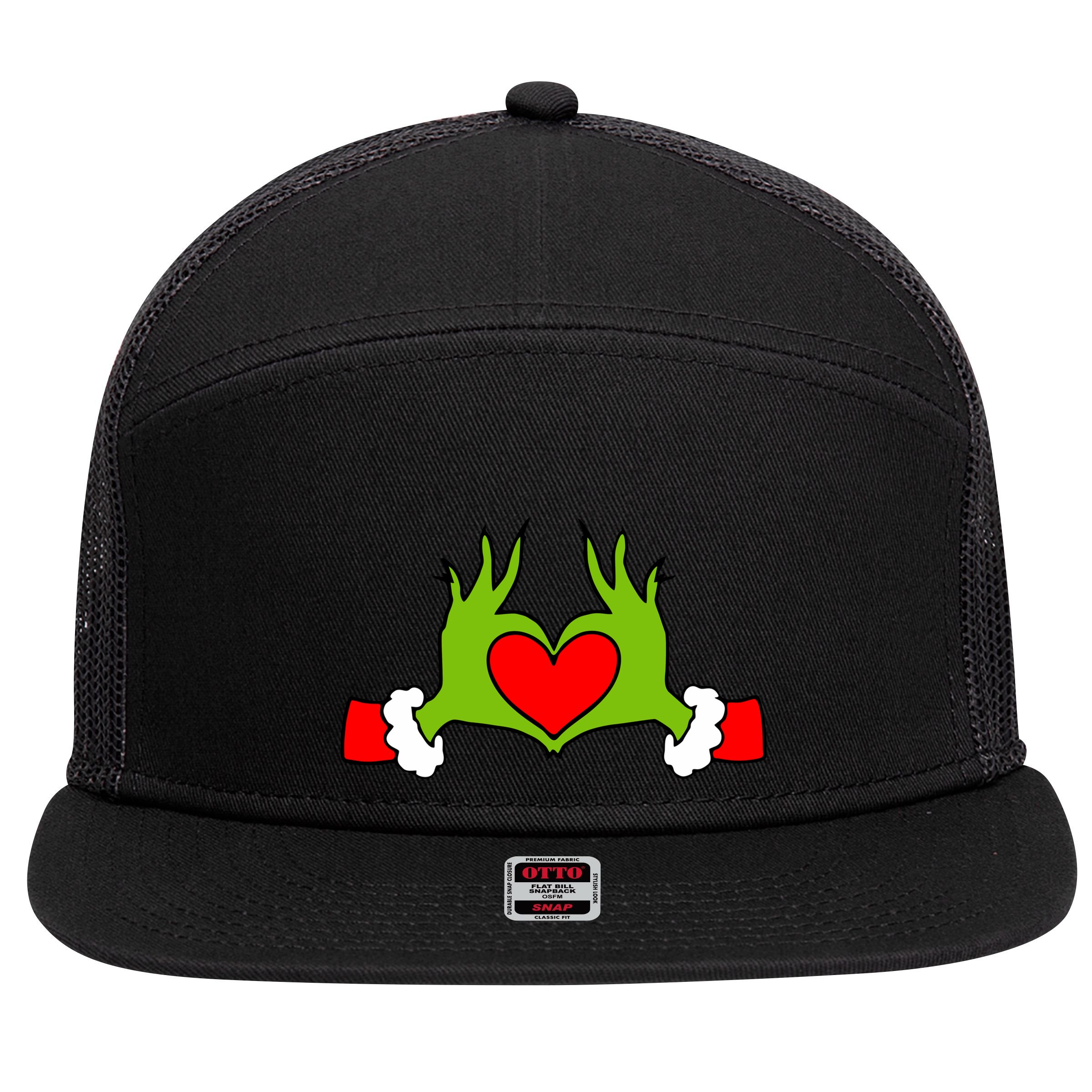 Funny Elf With Cute Heart Hands Symbol Style Christmas 7 Panel Mesh Trucker Snapback Hat