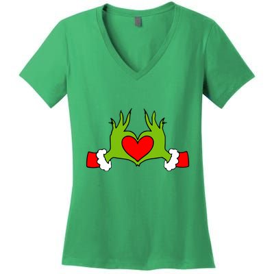 Funny Elf With Cute Heart Hands Symbol Style Christmas Women's V-Neck T-Shirt