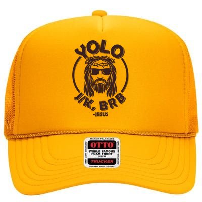 Funny Easter YOLO JK BRB Jesus High Crown Mesh Back Trucker Hat