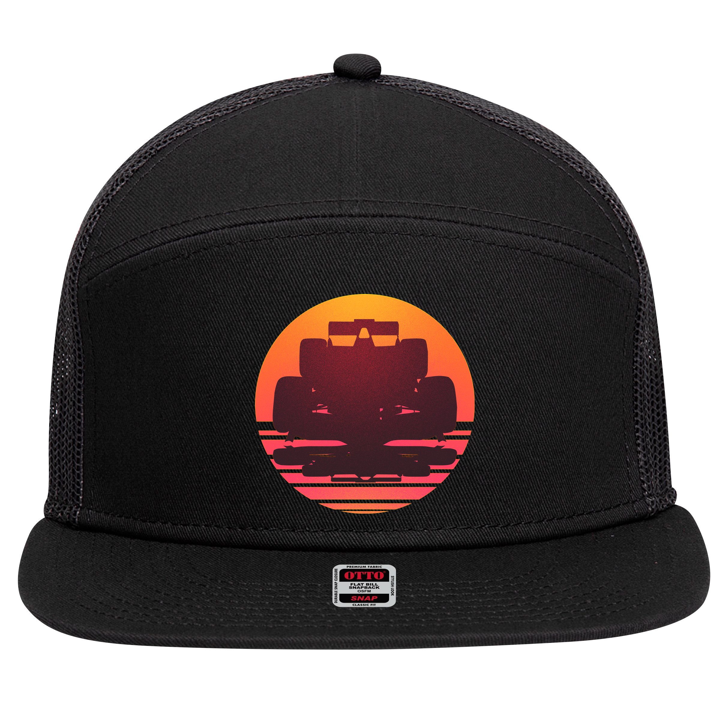 Racing Car Retro Sunset Emblem 7 Panel Mesh Trucker Snapback Hat