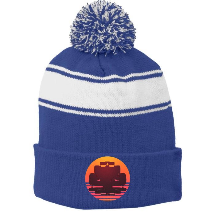 F1 Formula 1 Racing Car Retro Sunset Emblem Stripe Pom Pom Beanie