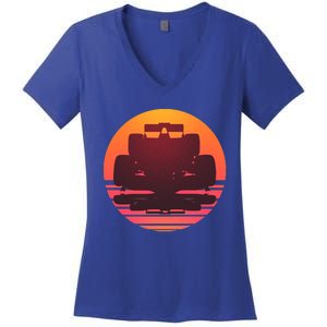 F1 Formula 1 Racing Car Retro Sunset Emblem Women's V-Neck T-Shirt