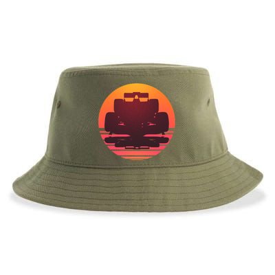 F1 Formula 1 Racing Car Retro Sunset Emblem Sustainable Bucket Hat