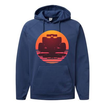 F1 Formula 1 Racing Car Retro Sunset Emblem Performance Fleece Hoodie