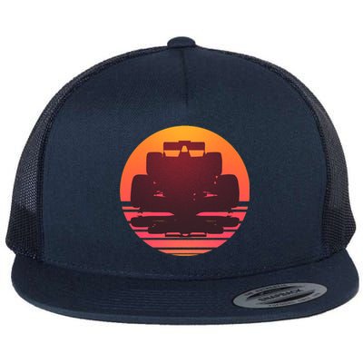 F1 Formula 1 Racing Car Retro Sunset Emblem Flat Bill Trucker Hat