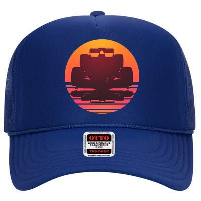 F1 Formula 1 Racing Car Retro Sunset Emblem High Crown Mesh Back Trucker Hat