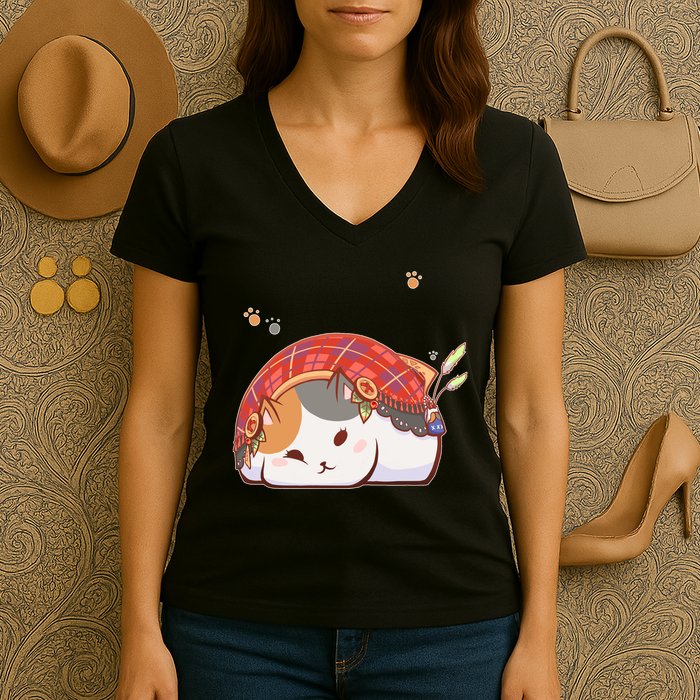 FF14 Fat Lazy Cat Women's V-Neck T-Shirt