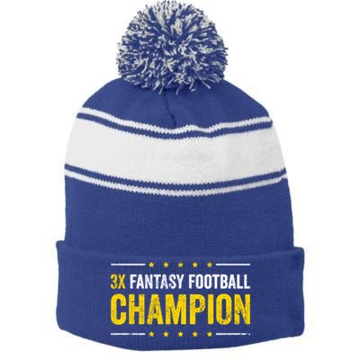 Fantasy Football 3 Time Winner Champ Champion Gift Stripe Pom Pom Beanie