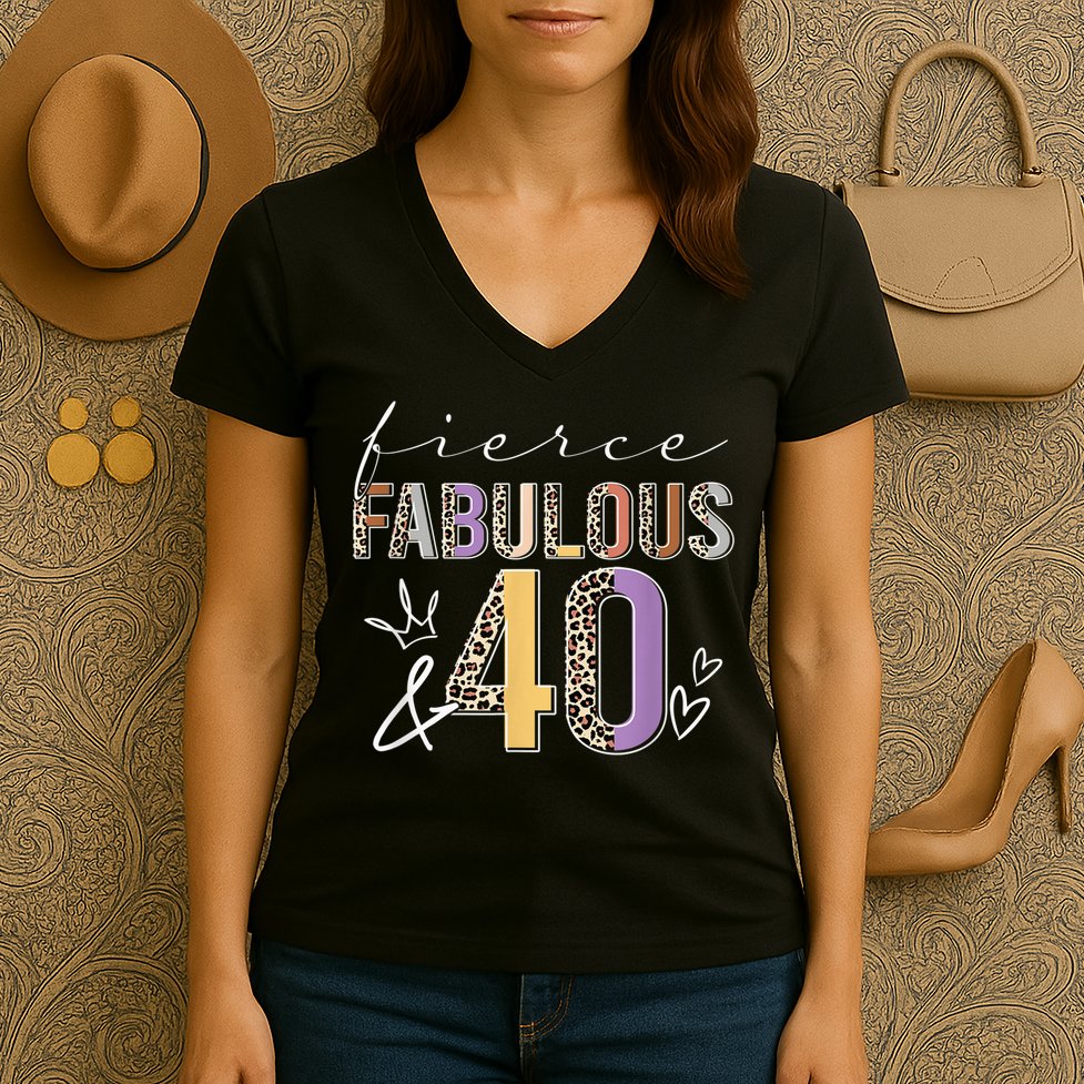Fierce Fabulous & 40 Years Old Boho Leopard 40th Birthday Women's V-Neck T-Shirt