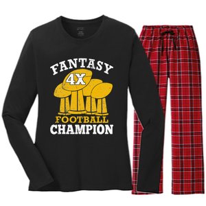 Fantasy Football 4x Champion Four Time Champ Fantasy Winner Women's Long Sleeve Flannel Pajama Set 