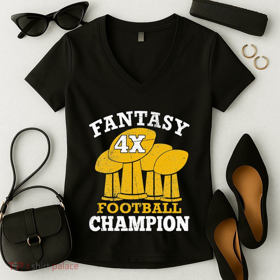 Fantasy Football 4x Champion Four Time Champ Fantasy Winner Women's V-Neck T-Shirt