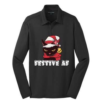 Funny Festive Af Christmas Cat Feline Meowy Ugly Xmas Humor Gift Silk Touch Performance Long Sleeve Polo