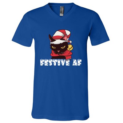 Funny Festive Af Christmas Cat Feline Meowy Ugly Xmas Humor Gift V-Neck T-Shirt