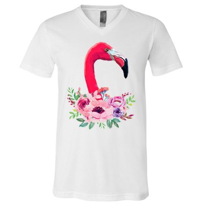 Flamingo Floral Art V-Neck T-Shirt