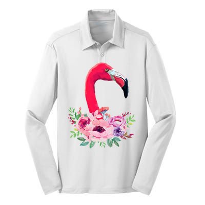 Flamingo Floral Art Silk Touch Performance Long Sleeve Polo