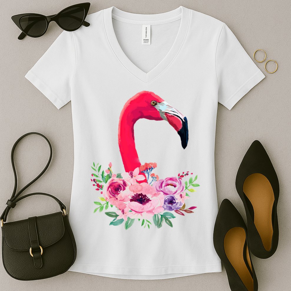 Flamingo Floral Art Women's V-Neck T-Shirt
