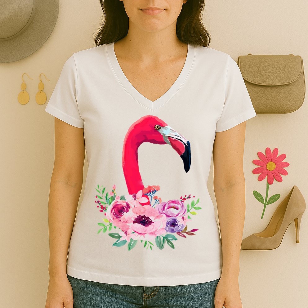 Flamingo Floral Art Women's V-Neck T-Shirt