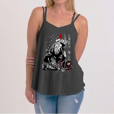 Fallen Fireman American Flag Thin Red Line Firefighter Top Women's Strappy Tank