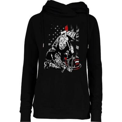 Fallen Fireman American Flag Thin Red Line Firefighter Womens Funnel Neck Pullover Hood