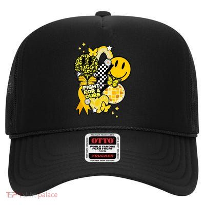 Fight For A Cure Retro Smile Face Childhood Cancer High Crown Mesh Back Trucker Hat