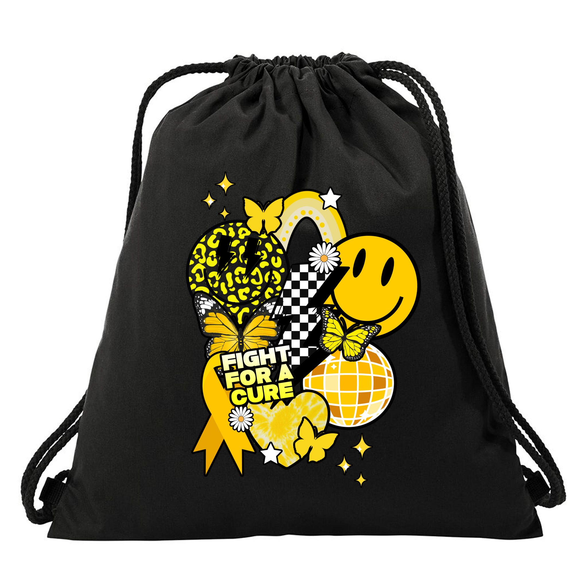 Fight For A Cure Retro Smile Face Childhood Cancer Drawstring Bag
