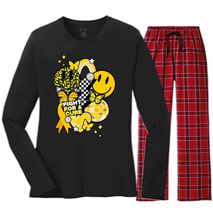 Fight For A Cure Retro Smile Face Childhood Cancer Women's Long Sleeve Flannel Pajama Set 