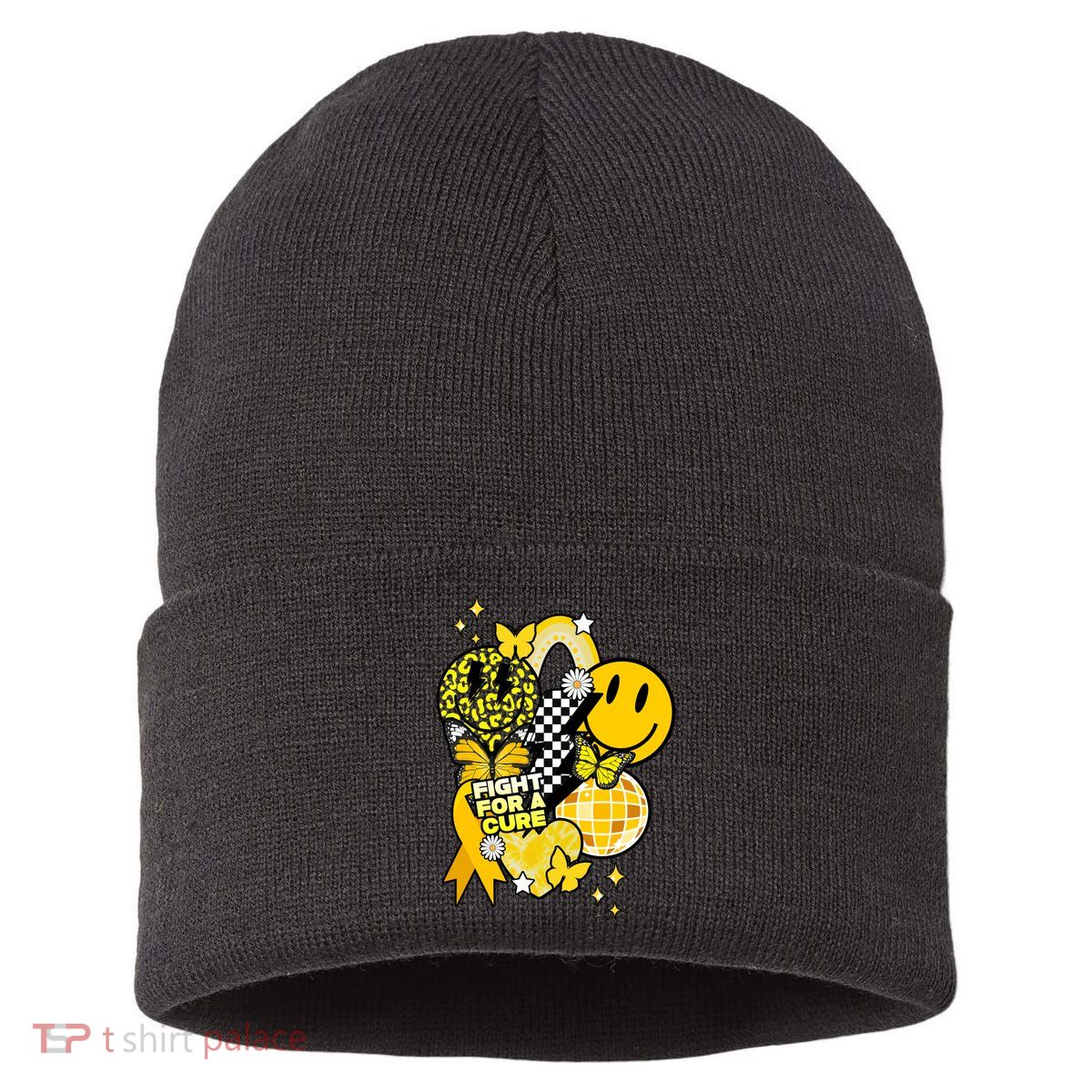 Fight For A Cure Retro Smile Face Childhood Cancer Sustainable Knit Beanie