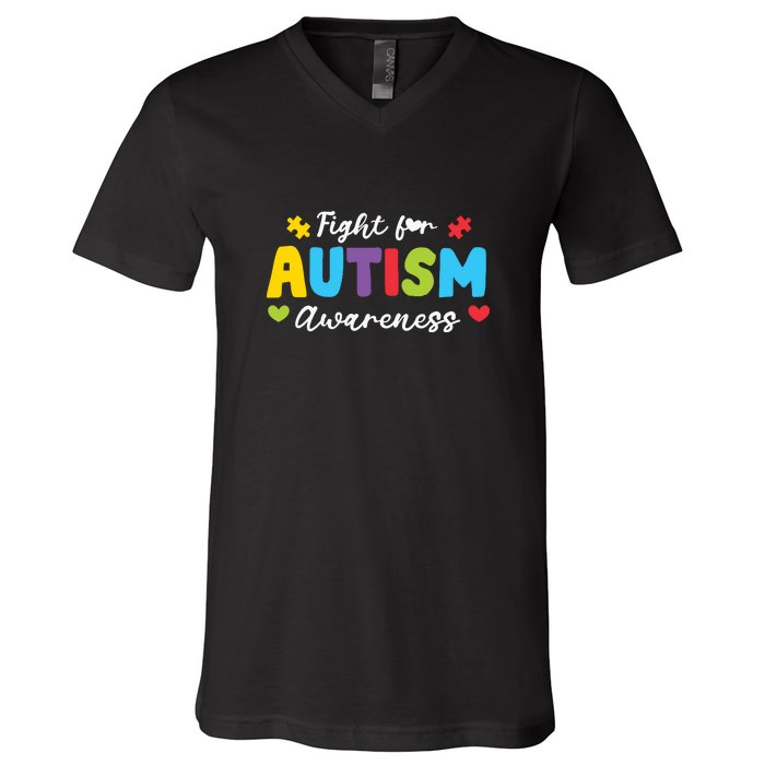 Fight For Autism Awareness Puzzle Gift Autism Awareness Day V-Neck T-Shirt