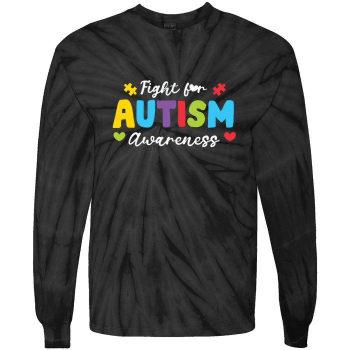 Fight For Autism Awareness Puzzle Gift Autism Awareness Day Tie-Dye Long Sleeve Shirt