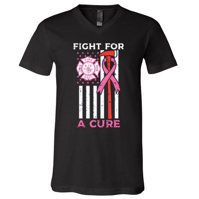 Fight For A Cure Firefighter US Flag Breast Cancer Awareness V-Neck T-Shirt