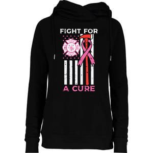 Fight For A Cure Firefighter US Flag Breast Cancer Awareness Womens Funnel Neck Pullover Hood