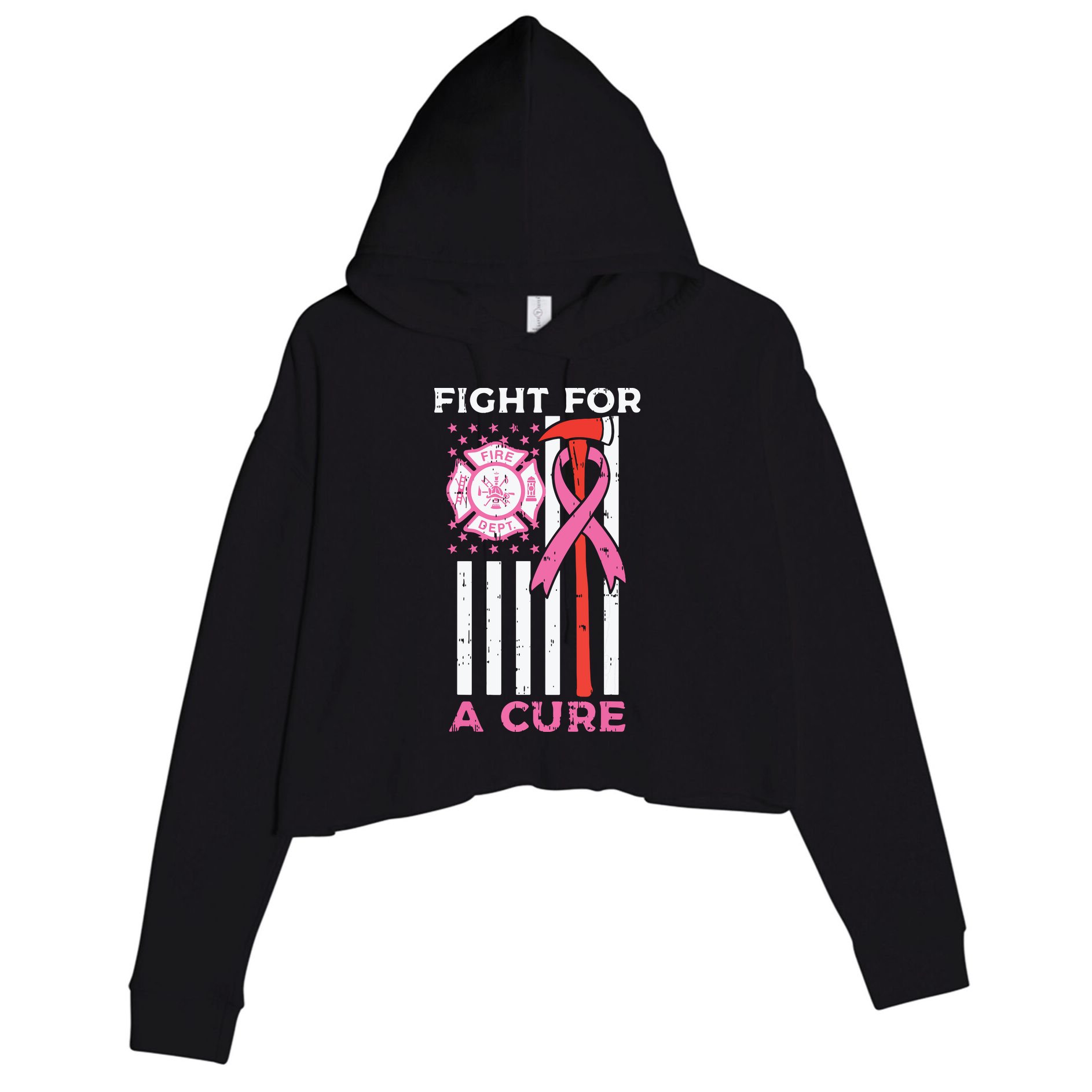 Fight For A Cure Firefighter US Flag Breast Cancer Awareness Crop Fleece Hoodie