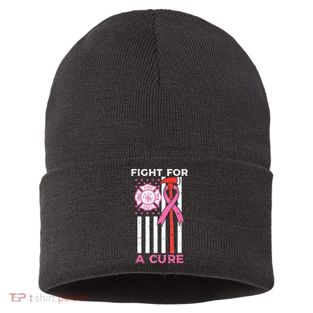 Fight For A Cure Firefighter US Flag Breast Cancer Awareness Sustainable Knit Beanie