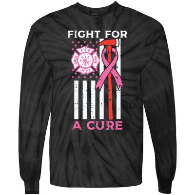 Fight For A Cure Firefighter US Flag Breast Cancer Awareness Tie-Dye Long Sleeve Shirt