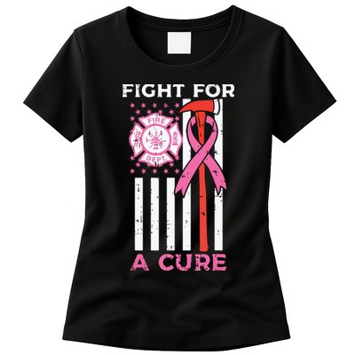 Fight For A Cure Firefighter US Flag Breast Cancer Awareness Womens T-Shirt