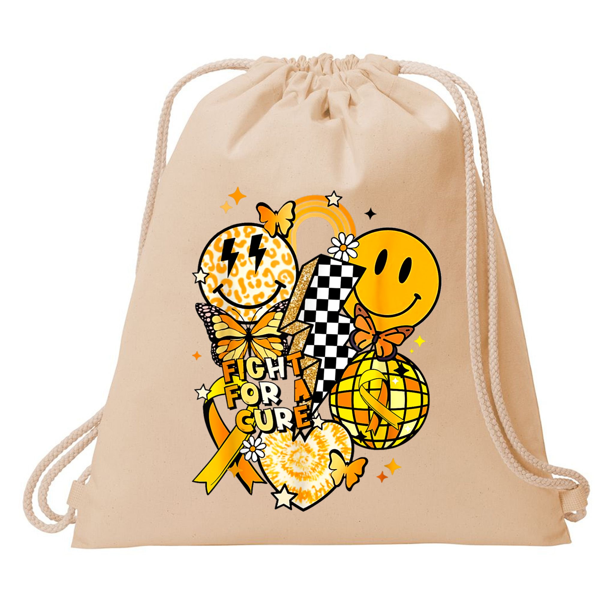 Fight For A Cure Retro Smile Face Childhood Cancer Awareness Drawstring Bag