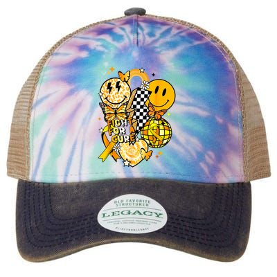 Fight For A Cure Retro Smile Face Childhood Cancer Awareness Legacy Tie Dye Trucker Hat