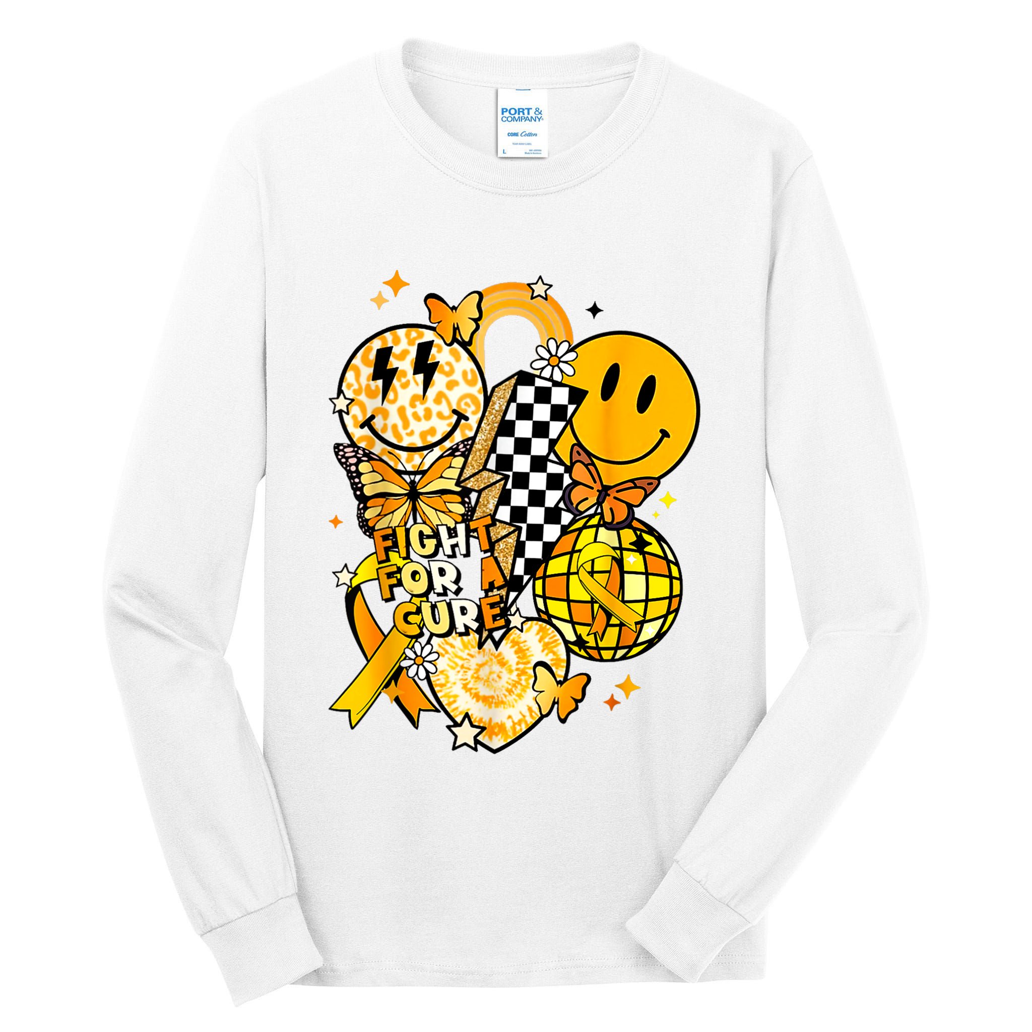Fight For A Cure Retro Smile Face Childhood Cancer Awareness Tall Long Sleeve T-Shirt