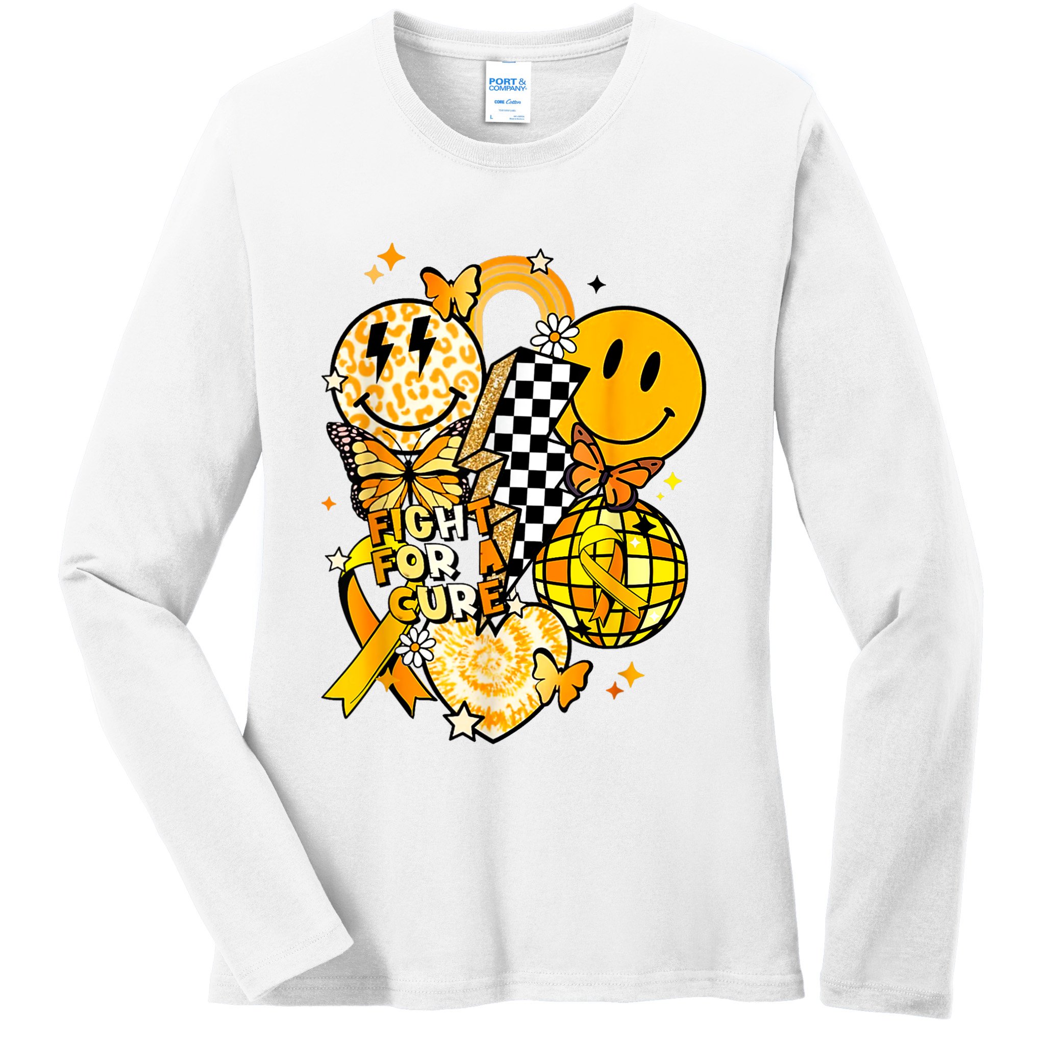 Fight For A Cure Retro Smile Face Childhood Cancer Awareness Ladies Long Sleeve Shirt