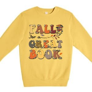 Fall For A Great Book Retro Leopard Autumn Thanksgiving Premium Crewneck Sweatshirt